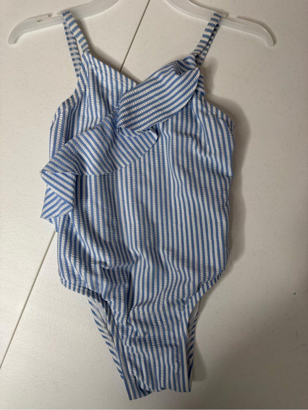 Old Navy Light Blue and White Striped Ruffle Swimsuit